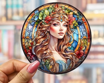 Adesivo de fada em vitral, decalque de vinil de deusa Art Nouveau, decoração para laptop e Kindle para amantes de livros