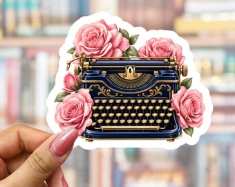 Floral Typewriter Sticker, Writer Decal for Car, Kindle, Water Bottle, Tumbler, Laptop, Pink Roses