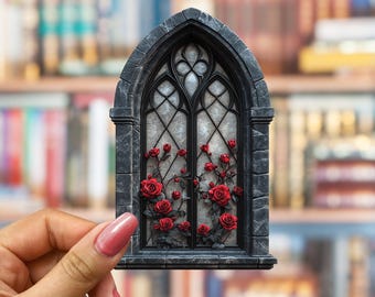 Adesivo de vitral com rosa gótica, adesivo de catedral, adesivos de fantasia, adesivo medieval, adesivo gótico, adesivo com estética sombria
