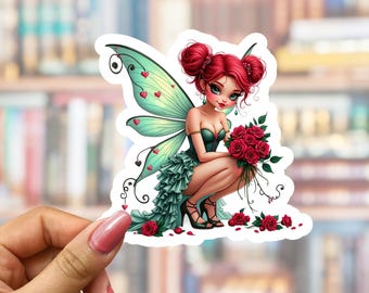 Adesivo de fada verde fantástica com rosas vermelhas, decalque de vinil para amantes de livros, fada vermelha romântica e caprichosa.