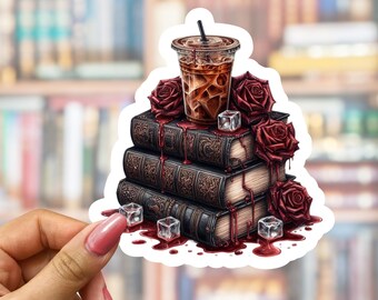 Adesivo de pilha de livros góticos, decalque para leitor de romance sombrio, café, rosas, gótico, presente