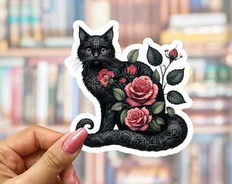 Black Floral Cat Rose Sticker, Gothic Flower Kitty, Kindle, Laptop, Water Bottle Decal