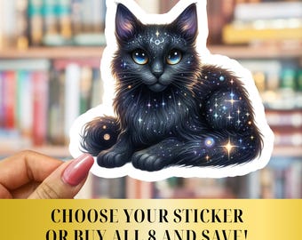 Gothic Black Cat Stickers, Dark Fantasy Cats, Witchy Vinyl Decals, Laptop Journal, Set of 6