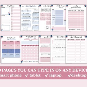 Op de afbeelding: Een set van printbare plannerpagina's met bloemmotieven in roze en blauw. De pagina's bevatten een dagelijkse planner, een dagelijkse schrijftracker, een weekplanner, een maandplanner, een jaaroverzicht en online toolwachtwoorden. De tekst "10 PAGINA'S DIE JE OP ELK APPARAAT KUNT TYPEN!" staat onderaan de afbeelding. De tekst "smartphone", "tablet", "laptop" en "desktop" is aangevinkt met vinkjes.