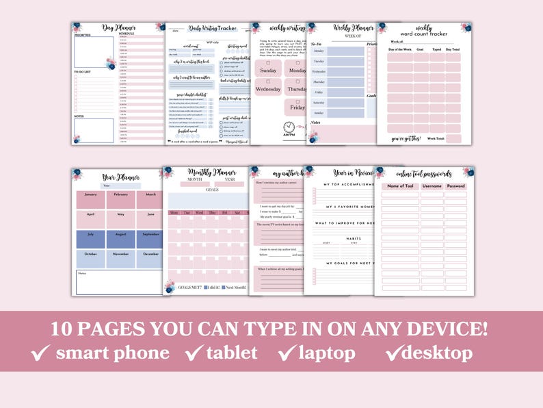 Op de afbeelding: Een set van printbare plannerpagina's met bloemmotieven in roze en blauw. De pagina's bevatten een dagelijkse planner, een dagelijkse schrijftracker, een weekplanner, een maandplanner, een jaaroverzicht en online toolwachtwoorden. De tekst "10 PAGINA'S DIE JE OP ELK APPARAAT KUNT TYPEN!" staat onderaan de afbeelding. De tekst "smartphone", "tablet", "laptop" en "desktop" is aangevinkt met vinkjes.