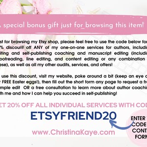 May include: A pink and white graphic with the text "A special bonus gift just for browsing this item!" and "GET 20% OFF ALL INDIVIDUAL SERVICES WITH CODE ETSYFRIEND20 www.Christinakaye.com ENTER THIS CODE ON CONTACT FORMS!"