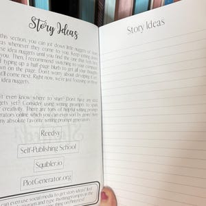May include: Open notebook with lined pages and the title "Story Ideas" written at the top. The left page has text about writing prompts and lists of online writing prompt generators: Reedsy, Self-Publishing School, Squibler.io, and Plot Generator.org.