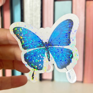 Holographic Blue Butterfly Viny Sticker, Suncatcher, Shimmery Blue Butterfly Sticker, Tumbler Sticker, Laptop Decal, Vinyl Sticker, Nature