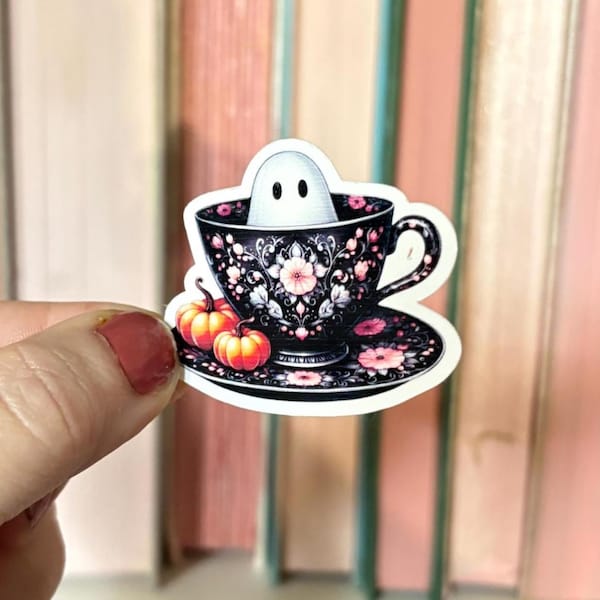 Sticker Ghost in Floral Teacup: Spooky Cute Halloween Tea Aesthetic