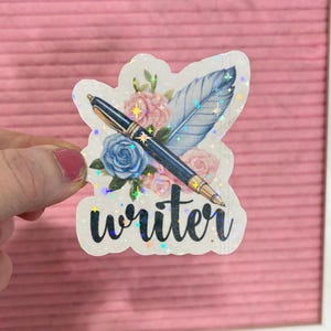 Writer Feather Pen and Pink Roses Sticker | Author Sticker | Kindle Sticker | Writer Laptop Sticker | Writer Stickers | Writer Vinyl Sticker
