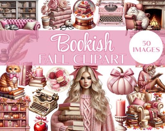 Pink Fall Bookish Clipart Bundle, Cozy Autumn PNG Stickers (Digital Download)