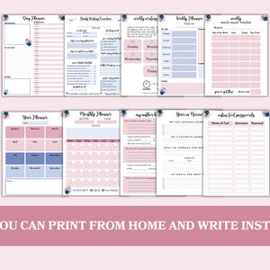 Op de afbeelding: Printbare plannerpagina's met bloemmotieven in roze en blauwe tinten. De pagina's bevatten secties voor dagelijkse, wekelijkse en maandelijkse planning, evenals een jaaroverzicht en een wachtwoordtracker.