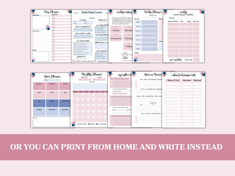 Op de afbeelding: Printbare plannerpagina's met bloemmotieven in roze en blauwe tinten. De pagina's bevatten secties voor dagelijkse, wekelijkse en maandelijkse planning, evenals een jaaroverzicht en een wachtwoordtracker.