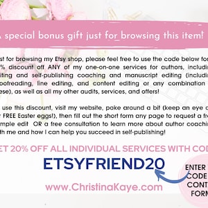 May include: A pink and white graphic promoting a 20% discount on author services, featuring the code "ETSYFRIEND20" and a website address. A keyboard and flowers are visible in the background.