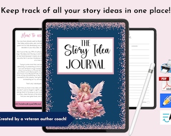 May include: A digital planner cover with a blue background and pink glitter. The cover features a pink and white angel with wings, sitting on a stack of books. The text "THE Story Idea JOURNAL" is written in pink and white on a white rectangle.