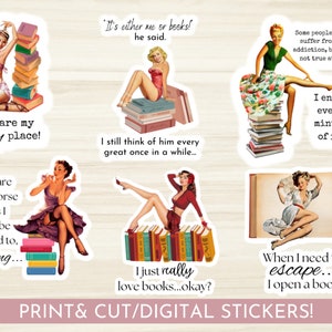 Book Quote Stickers - Pinup Girls - Printable - Digital Stickers - Vintage Girl Stickers - Print Then Cut Single Stickers and Sheets