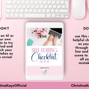 May include: A pink background with a white keyboard, mouse, and notepad. A tablet displays a "Self-Editing Checklist" graphic. Text on the left says "DON'T rely on AI or your own brain to try to find and catch your mistakes as you revise!"