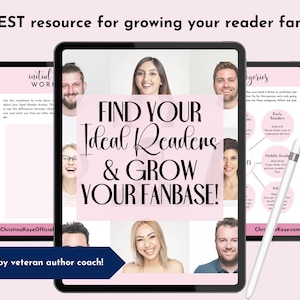 May include: A digital marketing graphic on a tablet with the text "FIND YOUR Ideal Readers & GROW YOUR FANBASE!". The image includes faces of smiling people, a stylus, and icons for PDF and Adobe.