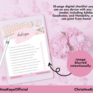 May include: A digital checklist on a tablet with the word "dialogue" and a list of items. The image includes a keyboard, a mouse, a stylus, and pink flowers. Text reads "25-page digital checklist you can use on any device..."