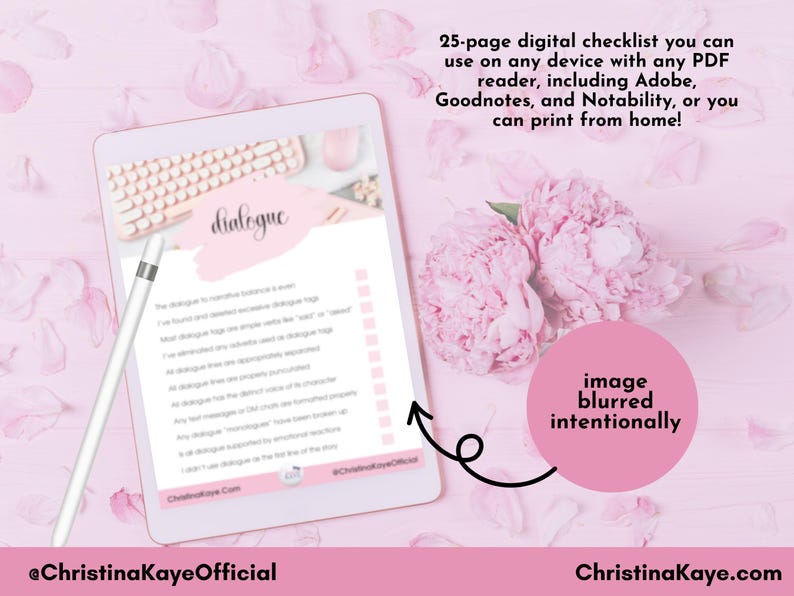 May include: A digital checklist on a tablet with the word "dialogue" and a list of items. The image includes a keyboard, a mouse, a stylus, and pink flowers. Text reads "25-page digital checklist you can use on any device..."
