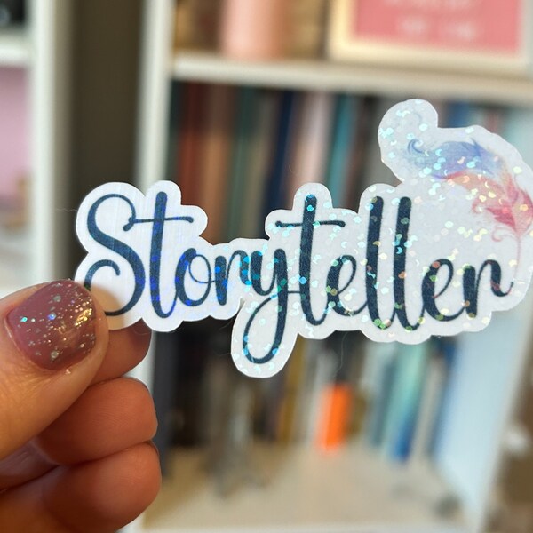 Storyteller Holographic Sticker / Blue and Pink Suncatcher Sticker / Laptop Sticker / Writer Sticker / Tumbler Decal for Writer / Suncatcher