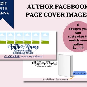 May include: Six customizable Facebook page cover images for authors. The images feature a green and blue landscape design, a book cover, and the text "Author Name" with the tagline "Award-Winning, Bestselling Author" or "Suspense Novelist".