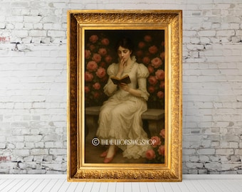 Quadro de parede vintage com mulher leitora, romance sombrio, decoração floral melancólica para casa, download digital.