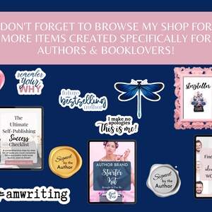 May include: An assortment of stickers and digital items for authors and book enthusiasts, including a pink heart with "Signed by the Author", a dragonfly, and a pink framed "Storyteller" print. Tablets with checklists and workbooks are also visible.