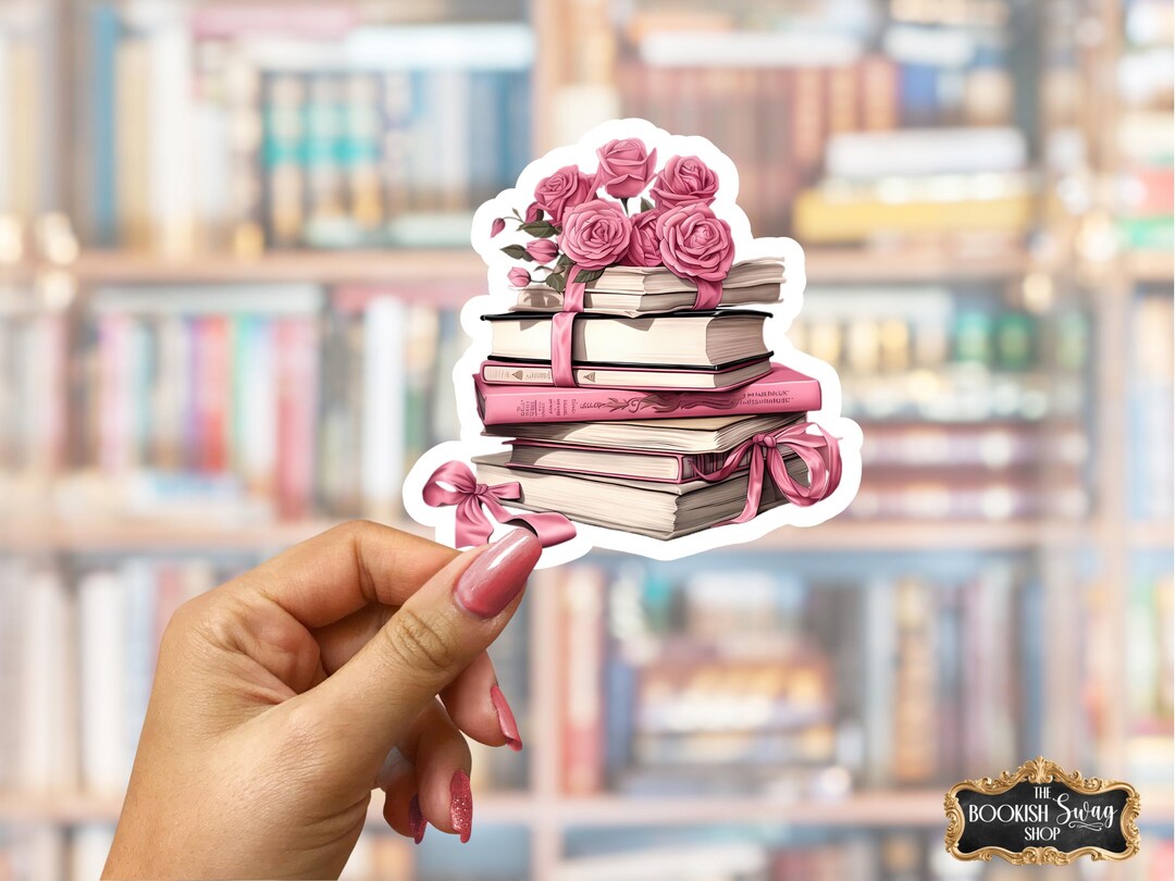 Pink Roses Ribbon Bow Book Stack Sticker, Romantic Floral Books Decal ...
