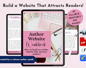 May include: A pink and white digital tablet displaying a workbook titled "Author Website Workbook: How to build an author website that attracts readers!"  The workbook is created by a veteran author coach and includes 20 fillable, printable PDF pages.