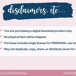Puede incluir: Un gr&aacute;fico rosa y azul con una marca de verificaci&oacute;n blanca junto a cada l&iacute;nea de texto. El texto dice: "Est&aacute;s comprando un producto de descarga digital &uacute;nicamente. No se enviar&aacute; ning&uacute;n art&iacute;culo f&iacute;sico. La compra incluye una licencia &uacute;nica para uso PERSONAL &uacute;nicamente. No se puede duplicar, copiar, compartir o distribuir (incluso de forma gratuita)." El texto "disclaimers, etc..." est&aacute; en la parte superior del gr&aacute;fico en un cuadro azul.