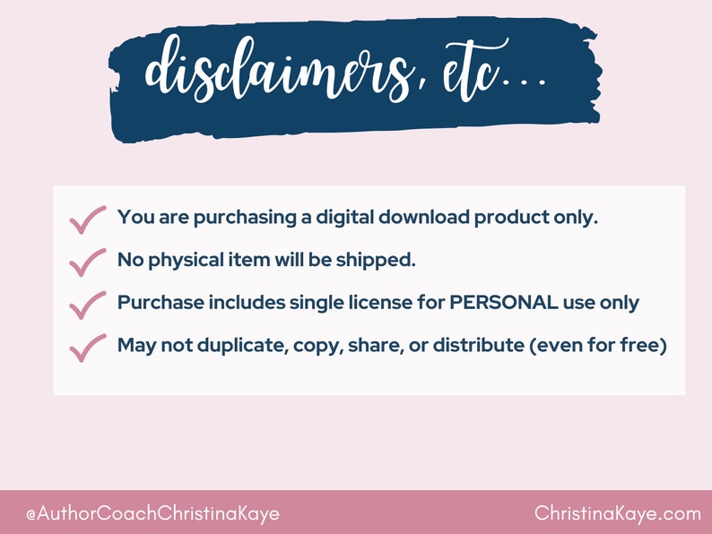 Puede incluir: Un gr&aacute;fico rosa y azul con una marca de verificaci&oacute;n blanca junto a cada l&iacute;nea de texto. El texto dice: "Est&aacute;s comprando un producto de descarga digital &uacute;nicamente. No se enviar&aacute; ning&uacute;n art&iacute;culo f&iacute;sico. La compra incluye una licencia &uacute;nica para uso PERSONAL &uacute;nicamente. No se puede duplicar, copiar, compartir o distribuir (incluso de forma gratuita)." El texto "disclaimers, etc..." est&aacute; en la parte superior del gr&aacute;fico en un cuadro azul.