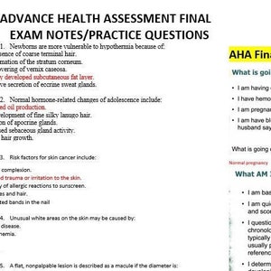Op de afbeelding: Een pagina met aantekeningen en oefenvragen voor een eindtoets voor gezondheidsbeoordeling. De pagina bevat een sectie met de titel "AHA Final Review" met vragen over afhankelijk oedeem, aambeien, zwangerschap en spataderen. Er is ook een sectie met de titel "What AM I?" met een beschrijving van een hulpmiddel dat wordt gebruikt voor beoordeling. De pagina bevat ook een sectie met de titel "Inspectie van hoofd en gezicht" met informatie over belangrijke bevindingen, palpatie en kinderen.