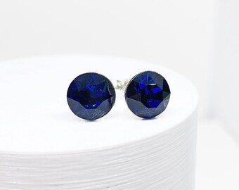 Swarovski Crystal Stud Earrings, Dark Sapphire, Blue, Sterling Silver, Swarovski Crystal, Earrings, Crystal Stud, Sparkly, Round, Earring
