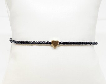 Black Glass Beaded Bracelet, Gold, Heart, Tiny Heart, Dainty Bracelet, Accent Bracelet, Beaded Bracelet, Valentine's, Galentine's Jewelry