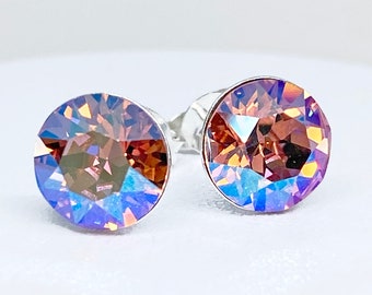 Swarovski Crystal Stud Earrings, Light Rose Shimmer, Sterling Silver,Swarovski Crystal Earrings, Round Crystal Stud, Sparkly Crystal Earring