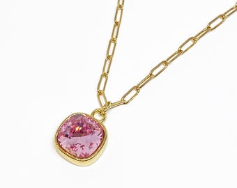 Swarovski Crystal Cushion Drop Pendant Necklace, Gold Necklace, Rose Pink, Swarovski Necklace, Crystal Necklace, Pendant Necklace