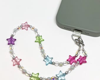 Acrylic Star and Glass Beaded Phone Strap in Funfetti, Multi Color, Phone Lanyard, Chain, Strap, Phone, Cell Lanyard, Phone charm, Bag Charm