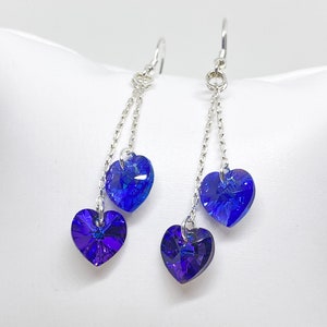 Swarovski Crystal Heart Earrings, Heliotrope, Sapphire Shimmer, Sterling Silver, Swarovski Crystal Earrings, Dangle, Crystal Earring