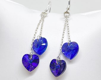 Swarovski Crystal Heart Earrings, Heliotrope, Sapphire Shimmer, Sterling Silver, Swarovski Crystal Earrings, Dangle, Crystal Earring