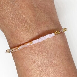 Dainty Square Glass Bead Bracelet, Pink, Neutral, Bracelet, Beaded Accent Stretch Bracelet, Tiny Bracelet, Dainty Bracelet