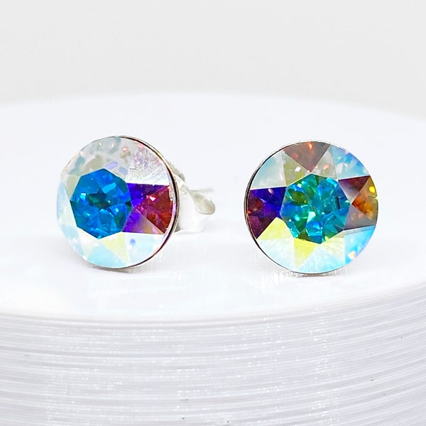Swarovski Crystal Stud Earrings, Crystal Aurora Borealis, Sterling Silver,Swarovski Crystal Earrings, Round Crystal Stud, Crystal Earring