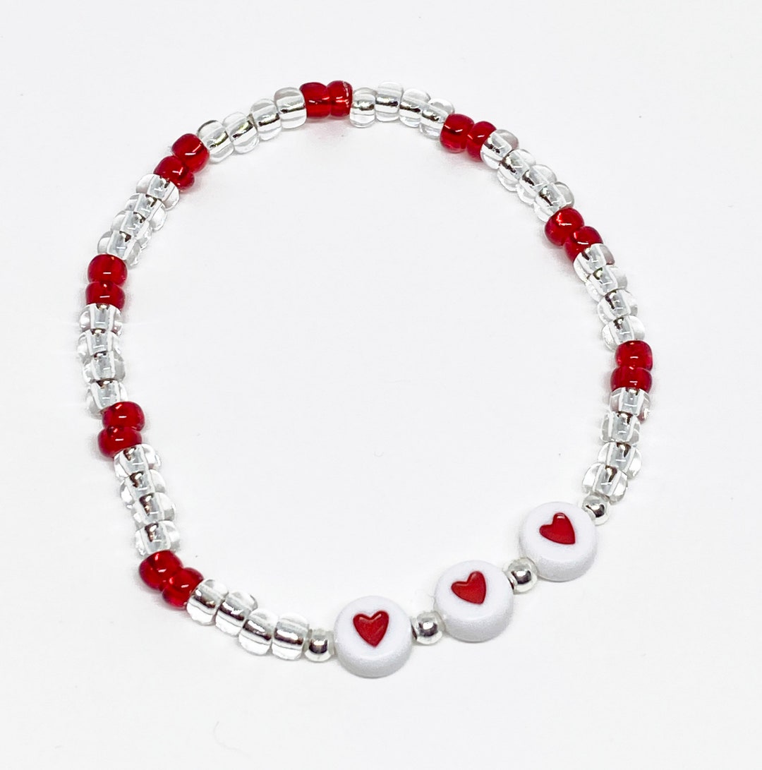 Beaded Heart Bracelet, Heart Beads, Red Clear Beads, Seed Beads, Heart
