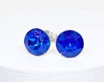 Swarovski Crystal Stud Earrings, Royal Blue, Blue, Sterling Silver, Swarovski Crystal Earrings, Round Crystal Stud, Sparkly Earring