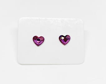 Swarovski Crystal Mini 6mm Heart Stud Earrings, Dark Rose, Pink, Silver, Swarovski Crystal Earring, Heart Crystal Stud, Valentines Day