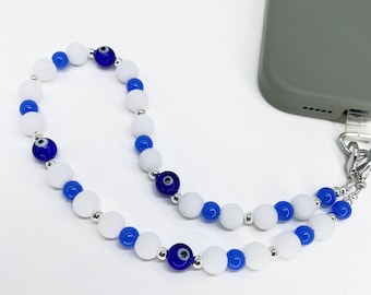 Evil Eye Glass Bead Phone Strap, Phone Lanyard, Chain Strap, Phone Tether, Cell Phone Lanyard, Phone charms, Bag Charm, Evil Eye, Silver