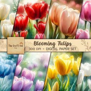 Papier numérique tulipes, tulipe épanouie aquarelle, papier de scrapbooking imprimable, papier de découpage, papier journal indésirable, téléchargement immédiat JPG