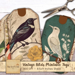 Vintage Birds Printable Tags, Junk Journal Bird Tags, Birds Journal Tags, Digital Download, Printable Ephemera, Gift Tags, Journal Supplies