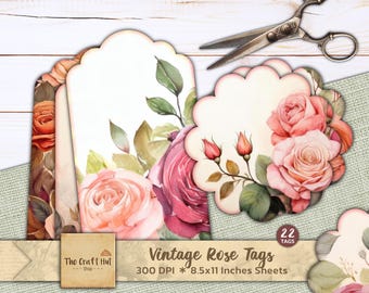 Vintage Rose Tags: Shabby Chic Ephemera zum Ausdrucken (Digitaler Download)