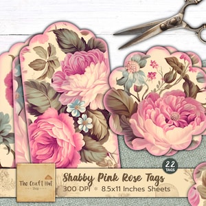 Etiquetas recortadas Shabby Roses, etiquetas de rosas, etiquetas de rosas cor-de-rosa, download digital, itens efêmeros para impressão, etiquetas de presente, suprimentos e inserções de diário de sucata